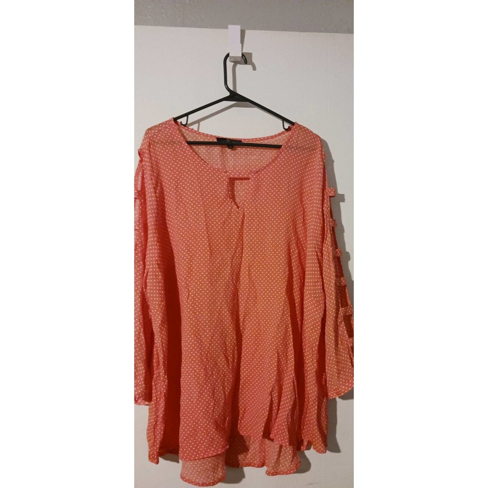 3X Peachy Orange w Dots PEEKABOO Sleeves Top Women's Plus‎ 🍑Fred David